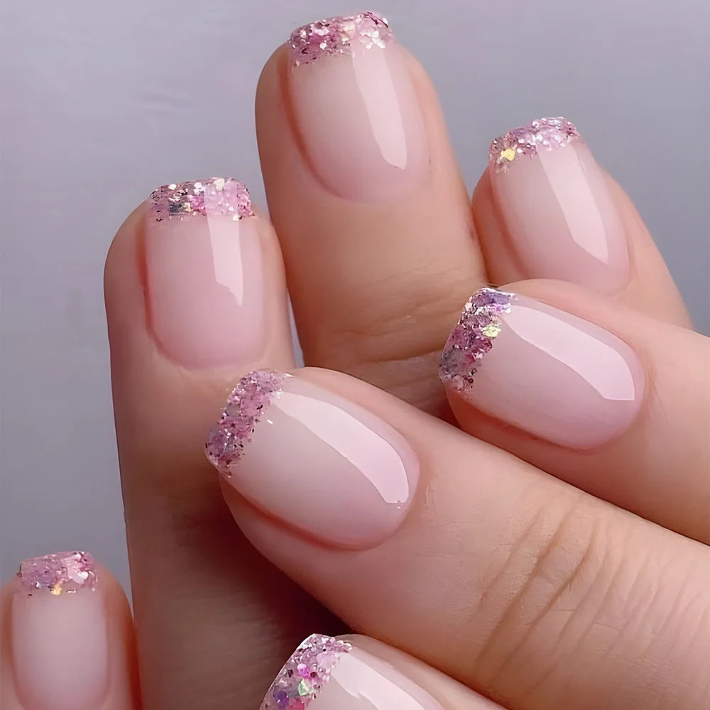 24pcs French Fake Nails Glitter Flower False Nails Short Square Press on Nails White Striped Nail Art for Colorful Spring Summer