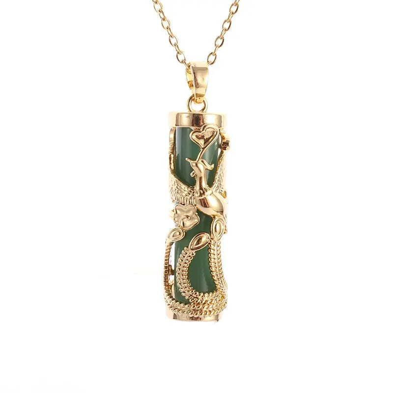 Exquisite Luxury Bamboo Imitation Jade Dragon Column Phoenix Necklace Suitable for Men and Women's Fashionable Charm Jewelry