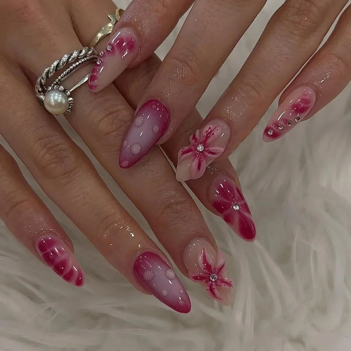 24Pcs 3D Flower Almond Nail Set Press on Nails with 3D Wave Drill False Nails French Tip Full Cover Artificial Nails Art Tips