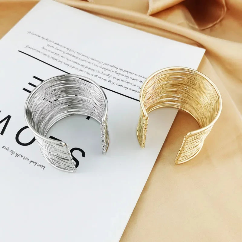 Fashion Women's Multilayer Metal Wires Strings Open Bangle Wide Cuff Bracelet Statement Jewelry Indian Luxury