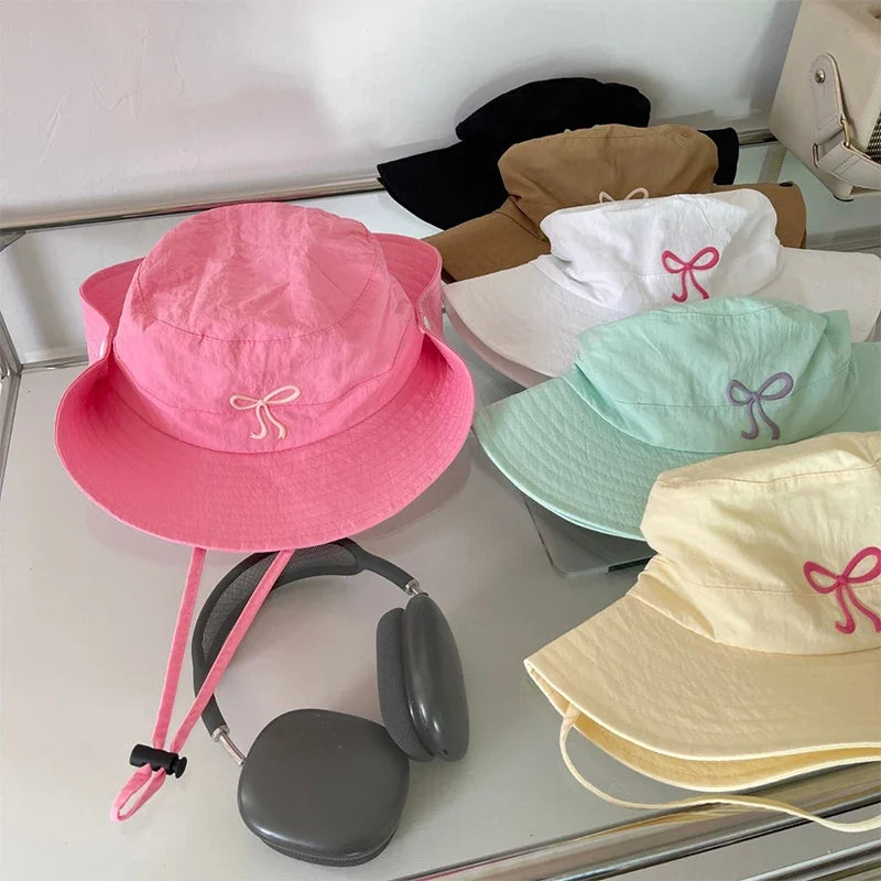 Fashion Bow Embroidery Quick Dry Bucket Hat Summer Hiking Camping Caps Wide Brim Fordable Sunscreen Y2K Hats Girl Women