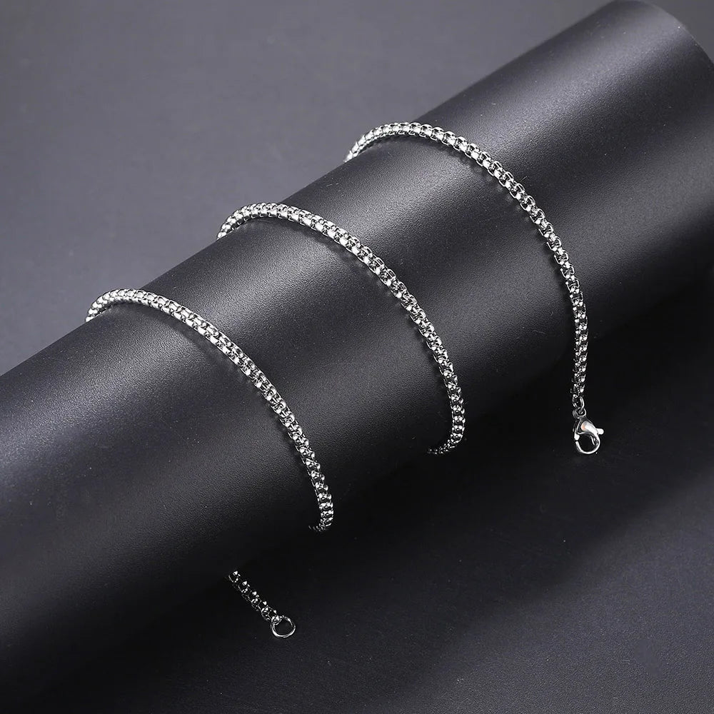 Stainless Steel Round Box Chain For Men Boys Square Rolo Necklace Women Hip Hop Jewelry Gifts Width 3mm Length 60cm C021