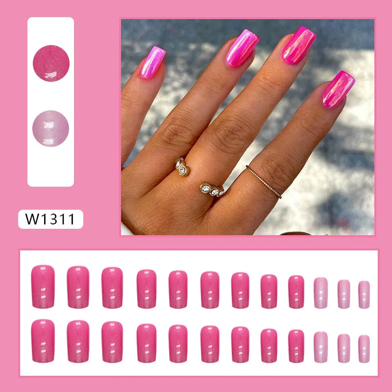 Sweet French 24 Pcs Press on Nails Pink Gradient Fake Nails Glossy Artificial Finger Manicure Reusable False Nails for Women