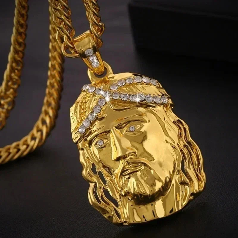Christian Iced Out Bling Jesus Head Portrait Necklace Pendant Male and Female Cross Catholic Amulet Jewelry
