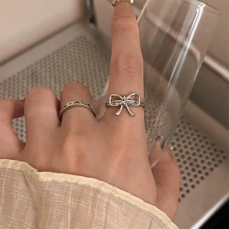 1/7PCS Simple Fashion Retro Bow Adjustable Finger Rings Personality Bowknot Rings Women Jewelry