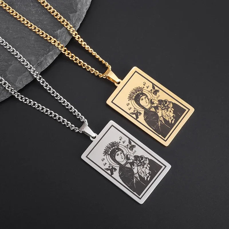 Beautiful Stainless Steel Catholic Virgin Mary Portrait Square Pendant Necklace for Men and Women Religious Catholic Jewelry