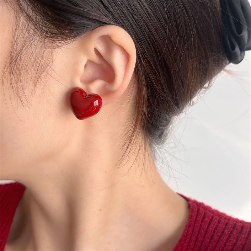 Vintage Cute Red Love Heart Stud Earrings for Women 2024 Korean Fashion Charm Wedding Bride Jewelry Accessories Anniversary Gift