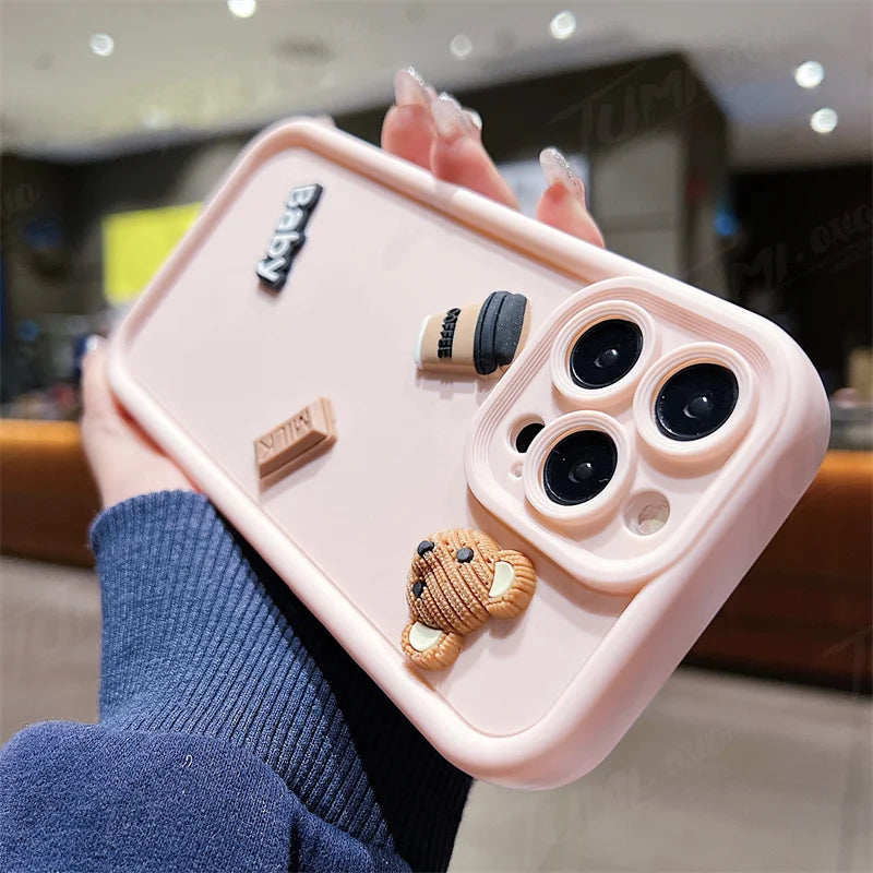 Coffee Bear Shockproof Soft Phone Case For iPhone 15 14 13 12 11 Pro Max X XR 7 8 Plus Candy Liquid Silicone Bumper Back Cover