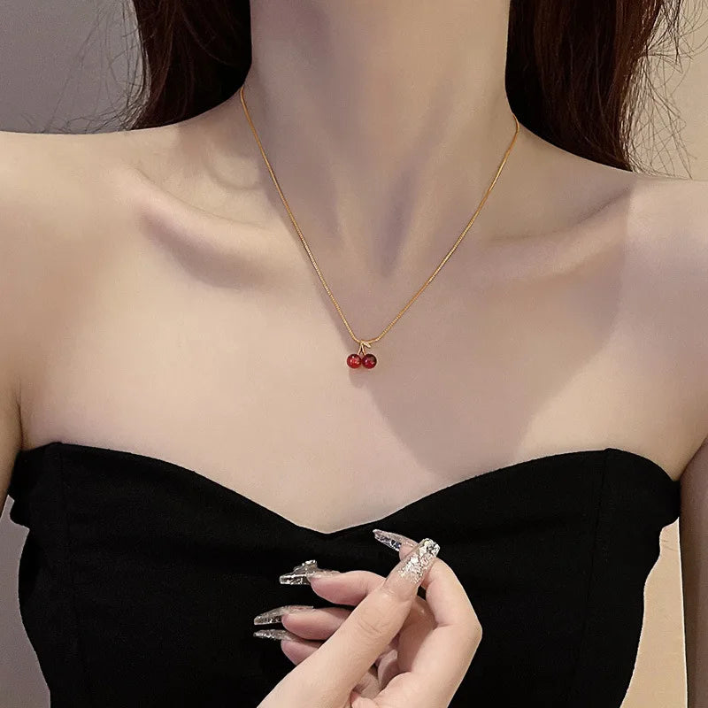 Wine Red Cherry Gold Color Pendant Necklace Earrings set For Women Personality Fashion Necklace Wedding Jewelry Birthday Gifts