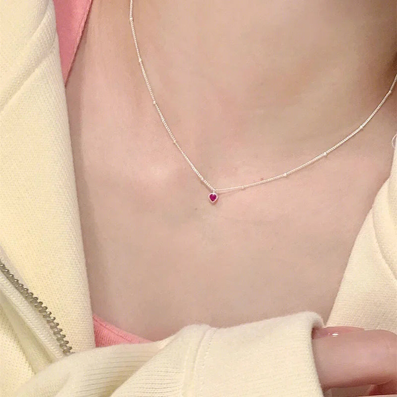 925 Sterling Silver Necklace Pendant For Women Jewelry Love Necklace Small Mini Red Heart Pendant Simple Heart Shaped Collar