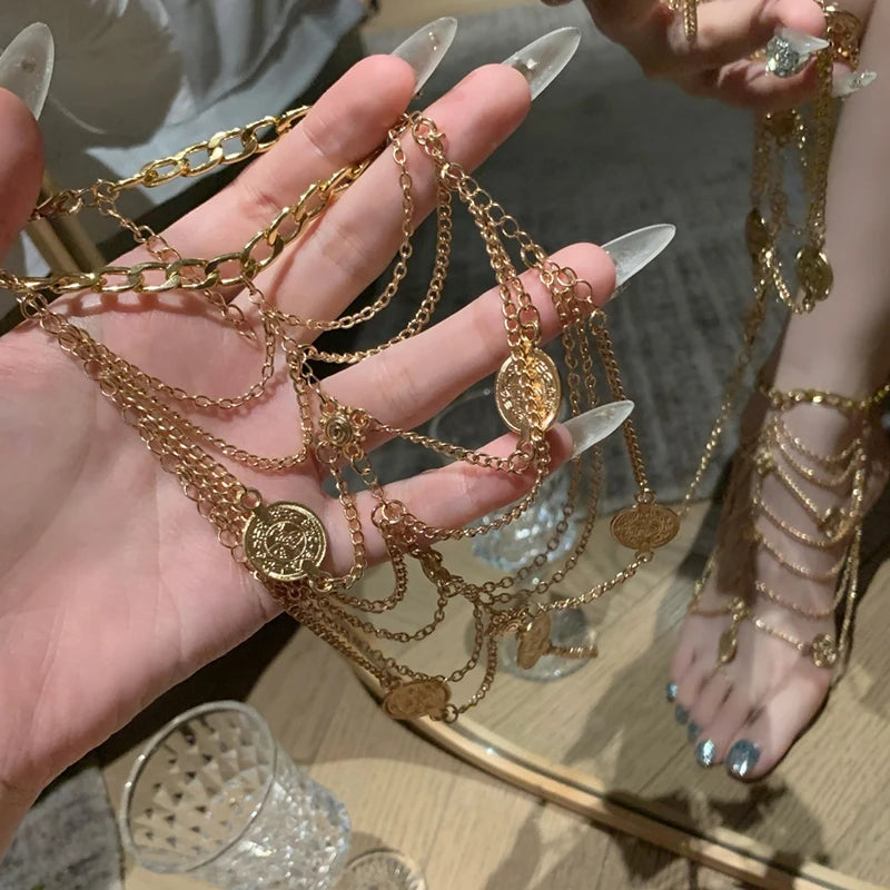 Bohe Exotic Coins Multilayer Chain Anklet for Women Charm Ethnic Summer Beach Party Feet Chain Female Dance Jewelry Accessories