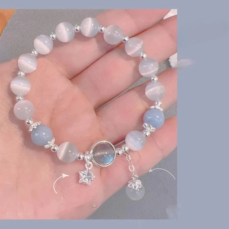 White Moonlight Stone Crystal Bracelet for Women Girls Luxury Imitation Opal Beaded Elastic Charm Bracelet Jewelry Gifts