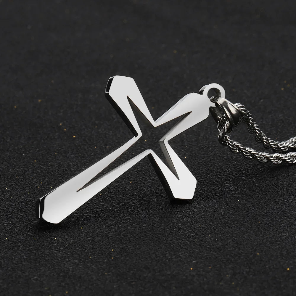 Catholic Jesus Cross Stainless Steel Pendant Necklace for Men Women Vintage Christian Prayer Jewelry