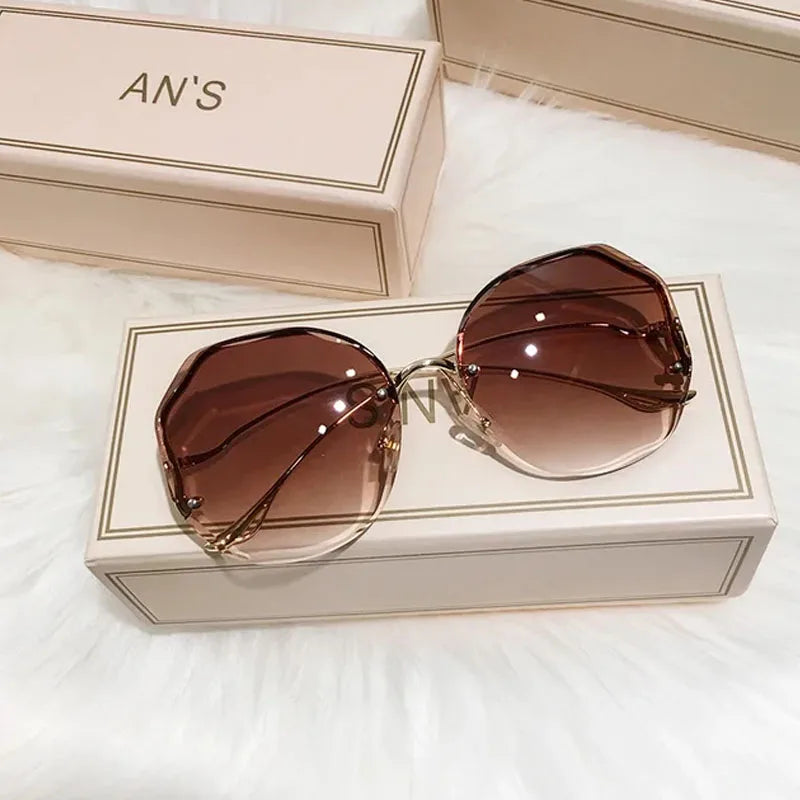 Luxury Round Gradient Sunglasses Women Metal Curved Temples Eyewear Ocean Rimless Fashion Sun Glasses Ladies UV400