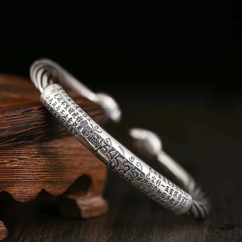 Silver-Plated Retro Six-Character Mantra Bracelet Men\\'s Heart Sutra Cuff Bangles Buddhist Religion Lucky Amulet Jewelry
