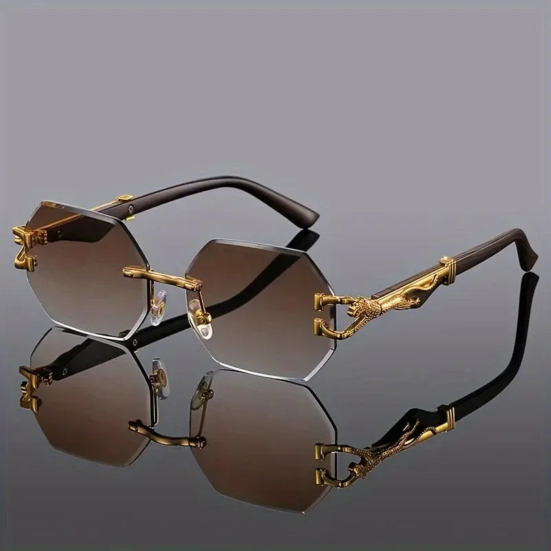 Vintage Rimless Polygonal Metal Frame Sunglasses with Leopard DesignTemples Unisex Outdoor Party Vacation Travel Driving Photo