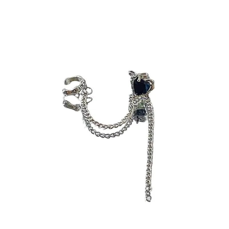 Gothic Black Love Crystal Clip Earrings for Women Exquisite Irregular Heart Stud Earring Long Link Tassel Y2K Jewelry Party Gift