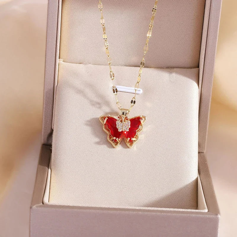 Micro-inlaid Crystal Butterfly Necklace Fashion European American Style Cute Classic Light Luxury Transparent Clavicle Chain