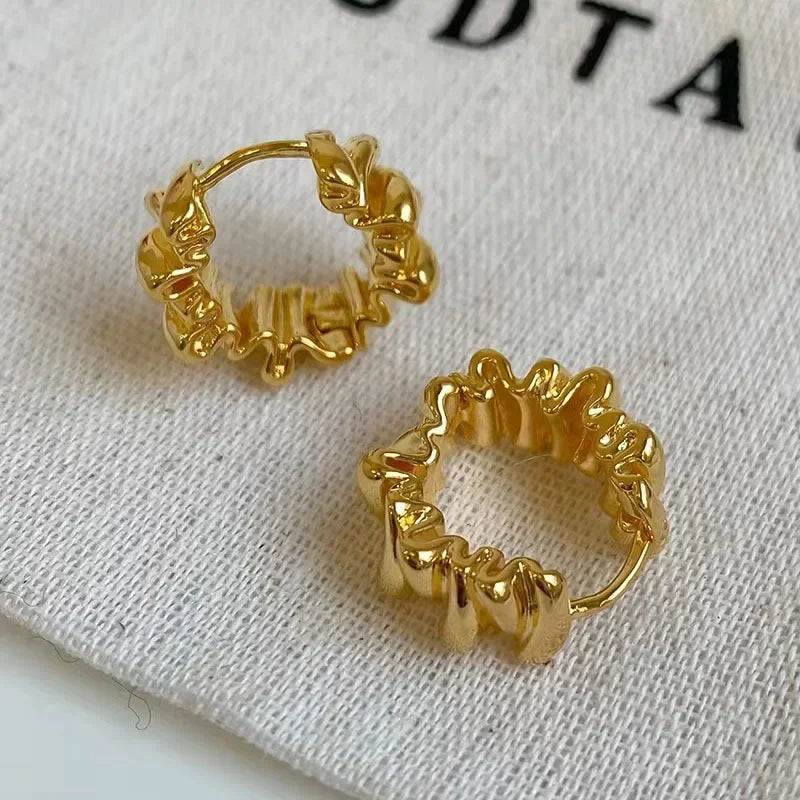 Personality Irregular Wavy Pleated Hoop Earrings for Women New Charm Gold Plated Stainless Steel Dangle Jewelry Accessories Gift