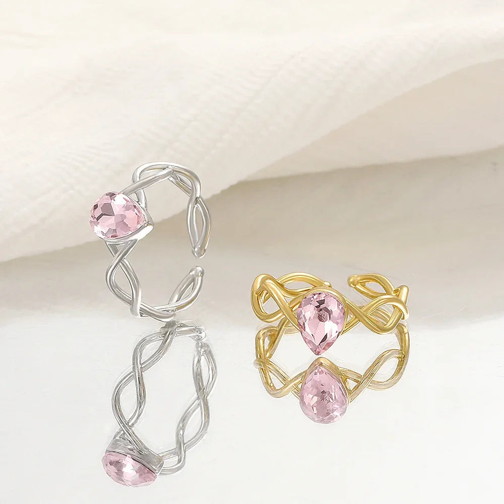 Princess Pink Crystal Rings for Woman Girls Fairy Water Drop Open Ring Fashion Party Wedding Jewelry Gift Sweet Finger Rings