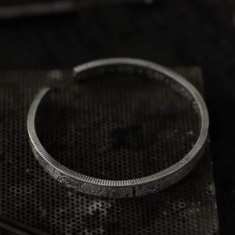 Silver-Plated Lucky Sixpence Pattern Letter Bracelet Men's Cuff Bangles Women's Trendy Charm Jewelry