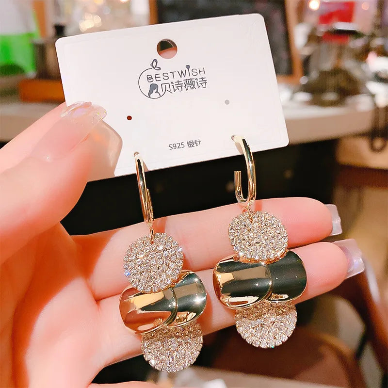 Temperament Geometric Stainless Steel Round Dangle Earrings for Women New Fashion Luxury Crystal Zircon Pendant Jewelry Gifts