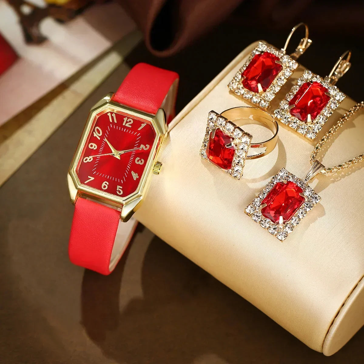 2024 New Leisure Fashion Leather Women's Business Square Quartz Watch Korean Rhinestone Jewelry Set Reloj Mujer Elegante