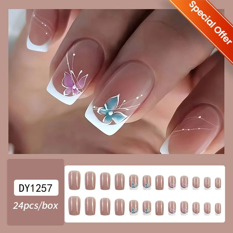 24Pcs/Set White French Press on Fake Nails Full Cover Artificial Wearable Nail Beauty Tips Naked French White False Nails Art