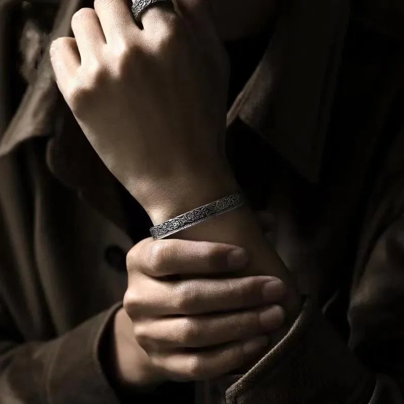 Silver-Plated Lucky Sixpence Pattern Letter Bracelet Men's Cuff Bangles Women's Trendy Charm Jewelry