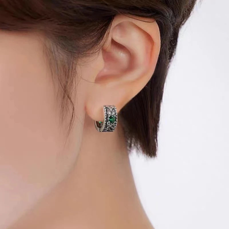 Silver-Plated Fashionable Leaf Green Zircon Hoop Earrings Hypoallergenic Earrings for Men and Women Trendy Jewelry