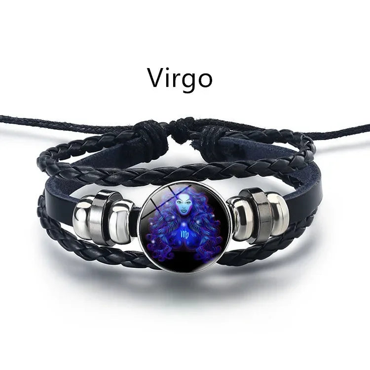 Gemini Leo Libra Scorpio Sagittarius 12 Constellation Luminous Bracelet Leather Bracelet Zodiac Charm Jewelry Bracelet for Men
