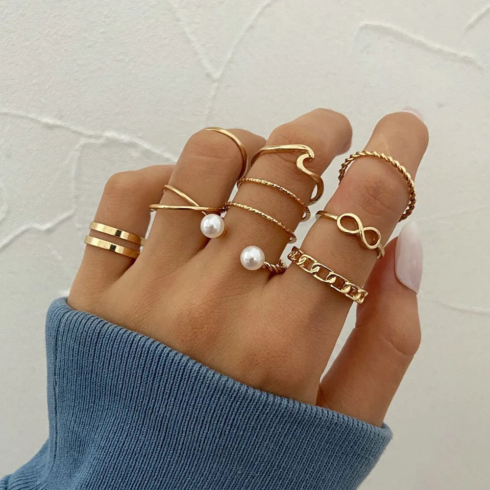 Vintage Korean Gold Silver Color Pearl Rings Set Jewelry For  Girls Butterfly Hollow Heart  Ring For Women Accessories