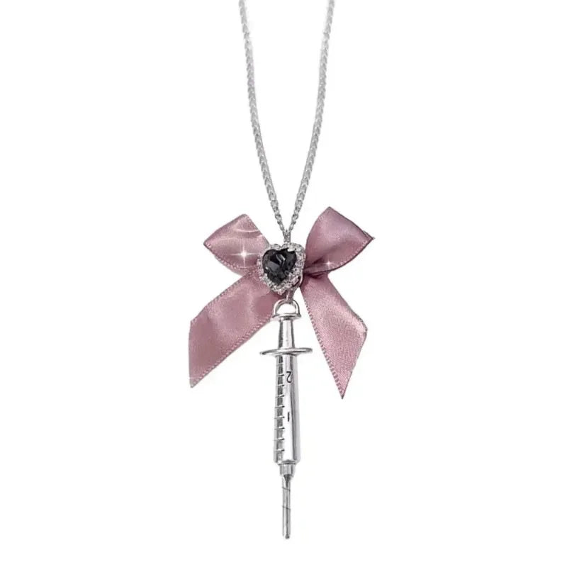 Rhinestone Love Heart Bowknot Metal Syringe Pendant Necklace for Women Dark Lolita Cool Trend Jewelry Gothic Fashion Accessories