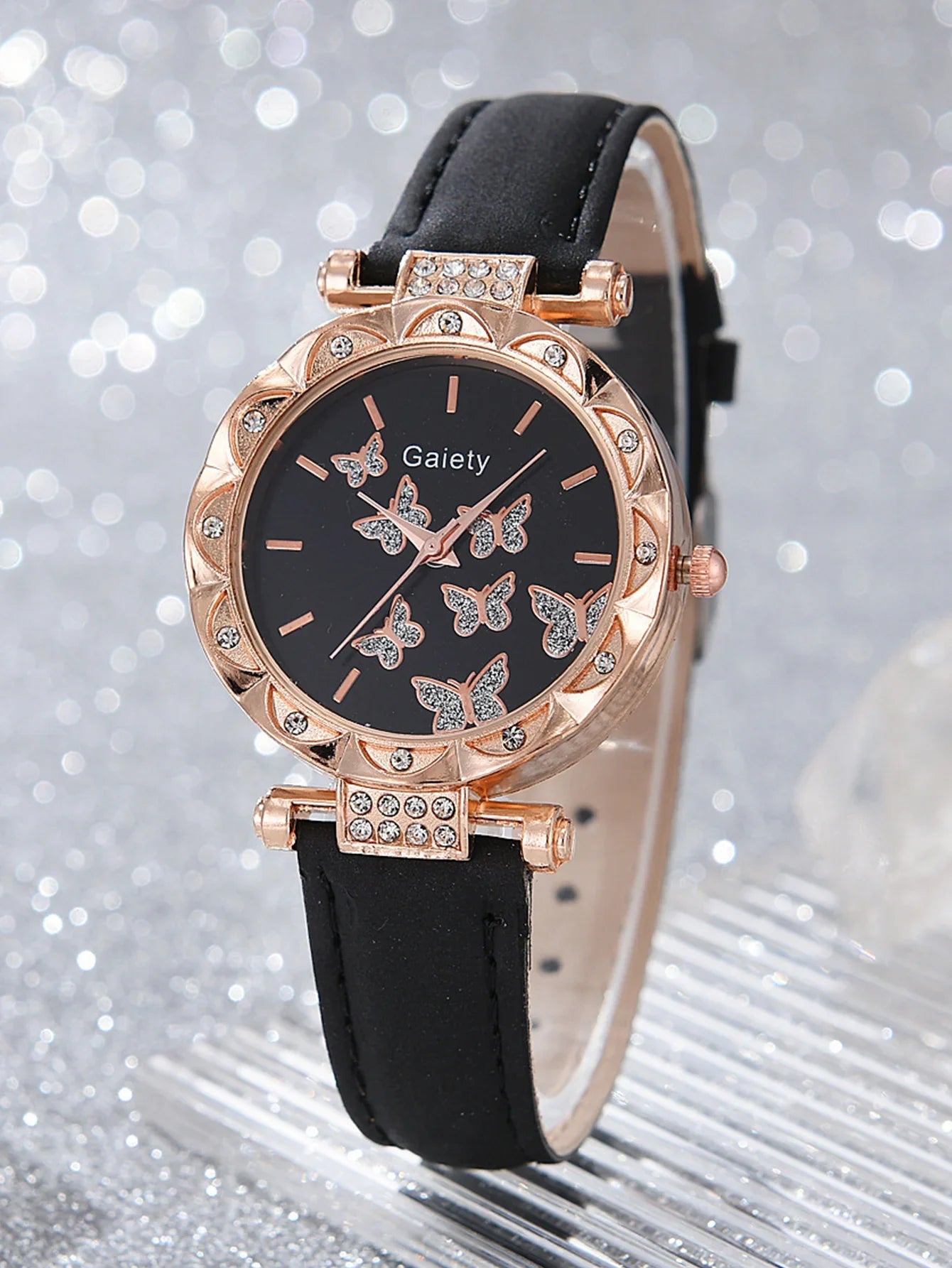 6pcs Luxury Watches Women's Ring Necklace Earrings Bracelet Set Watch Butterfly Leather strap Women's Quartz Watch No case