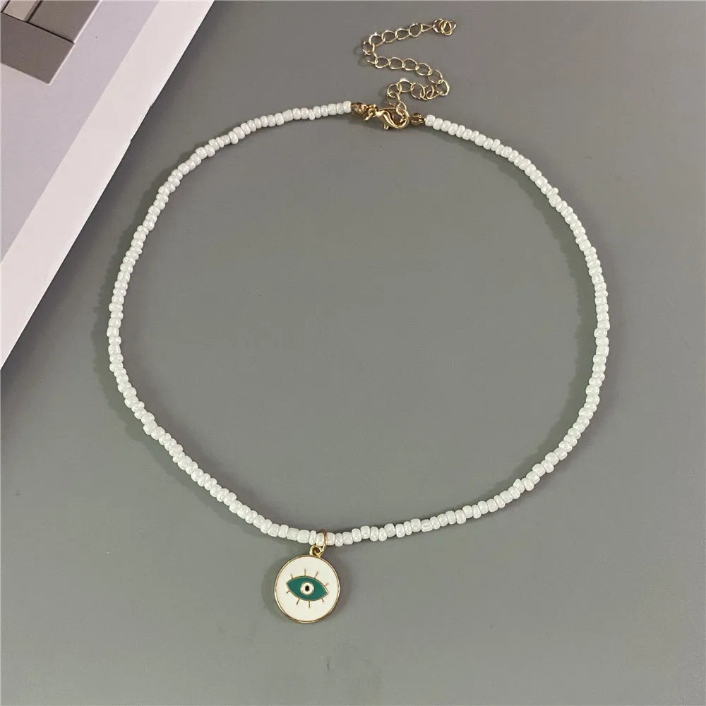 Lucky Handmade Necklace Popular Turkeky Eye Pendant Choker Colorful Rice Beadds Neck Jewelry