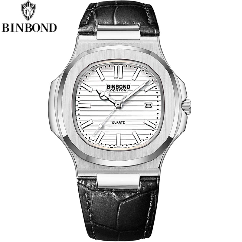 BINBOND Top Luxury Square Man Watch Date Waterproof Luminous Watch High Quality Leather Quartz Men's Watches Relogio Masculino