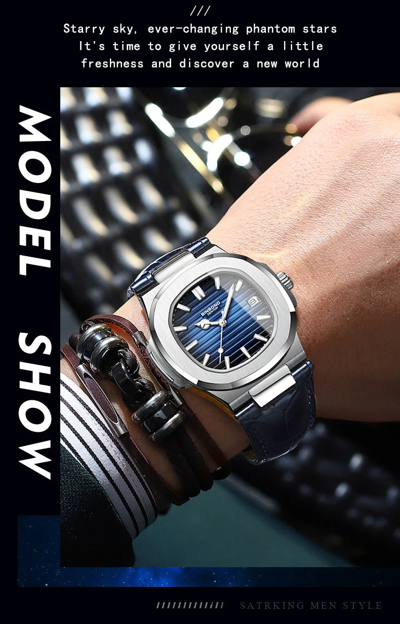 BINBOND Top Luxury Square Man Watch Date Waterproof Luminous Watch High Quality Leather Quartz Men's Watches Relogio Masculino