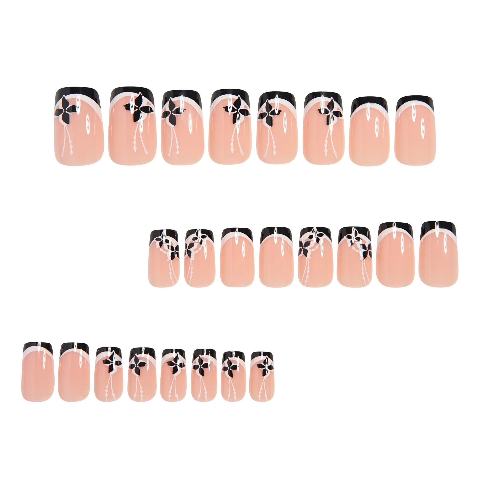 24pcs French Fake Nails Glitter Flower False Nails Short Square Press on Nails White Striped Nail Art for Colorful Spring Summer