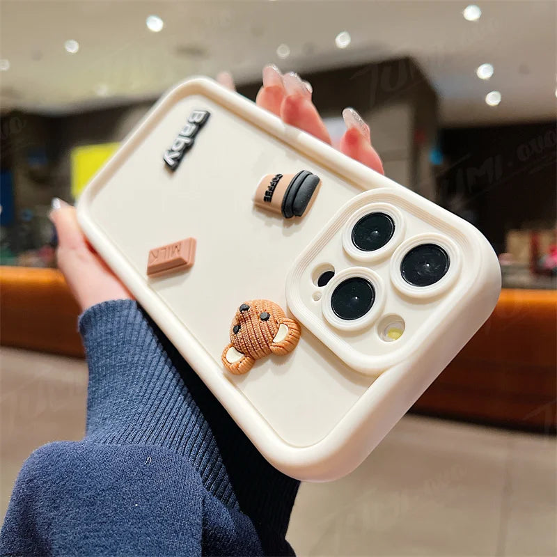 Coffee Bear Shockproof Soft Phone Case For iPhone 15 14 13 12 11 Pro Max X XR 7 8 Plus Candy Liquid Silicone Bumper Back Cover