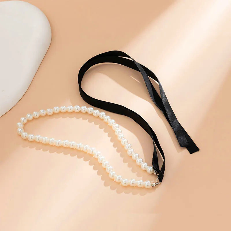 New Korean Romantic Imitation Pearl Beaded Choker Fashion Black Velvet Adjustable Bow Necklace Banquet Wedding Jewelry
