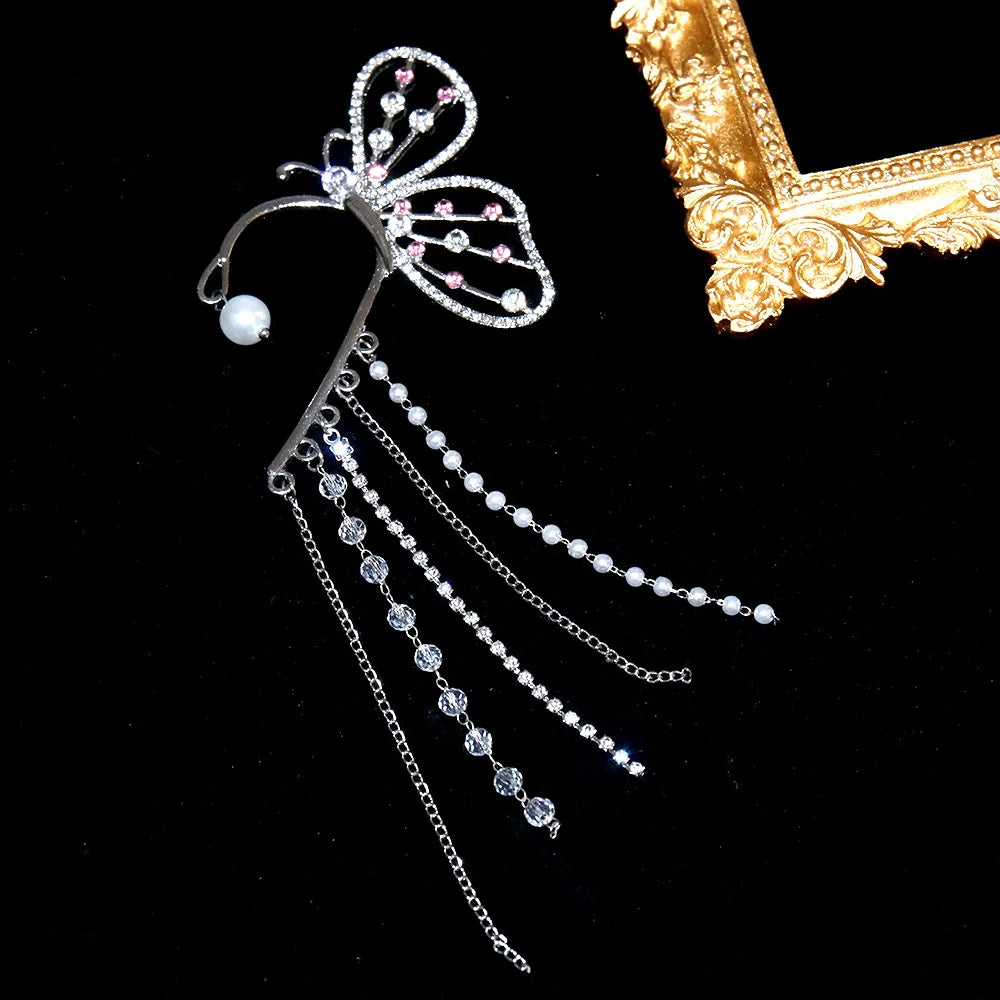 LATS Fashion Crystal Butterfly Clip Earring for Women Pearl Bead Ear Cuff Long Tassels Charm Hollow Earrings Clip Jewelry Gifts