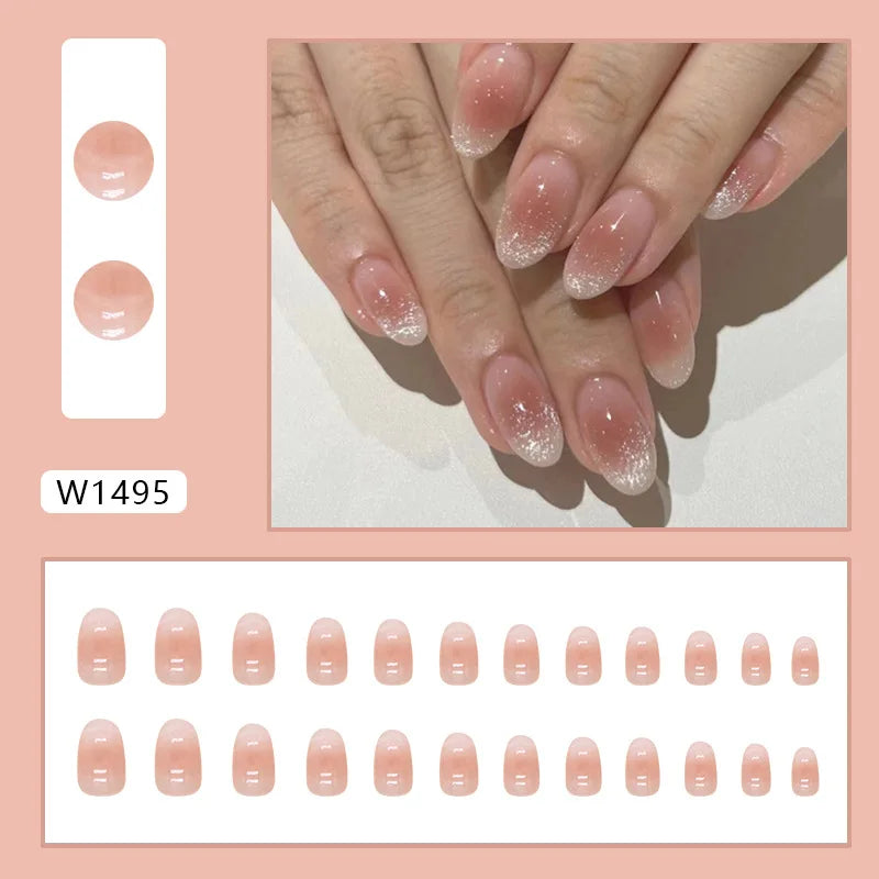 Sweet French 24 Pcs Press on Nails Pink Gradient Fake Nails Glossy Artificial Finger Manicure Reusable False Nails for Women