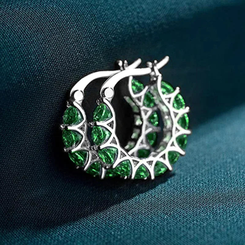 Luxury Fashion Full Zircon Shiny Gold Color Stainless Steel Hoop Earrings for Women Exquisite Green Crystal Korea Jewelry Gift