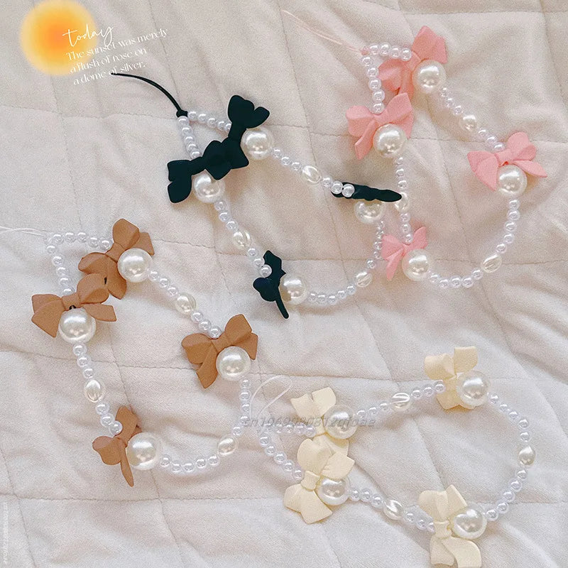 1pc Charm Bowknot Mobile Phone Chains For Women Girls Telephone Charm Strap Pink Black Acrylic Pearl Beaded Lanyard Jewelry Gift