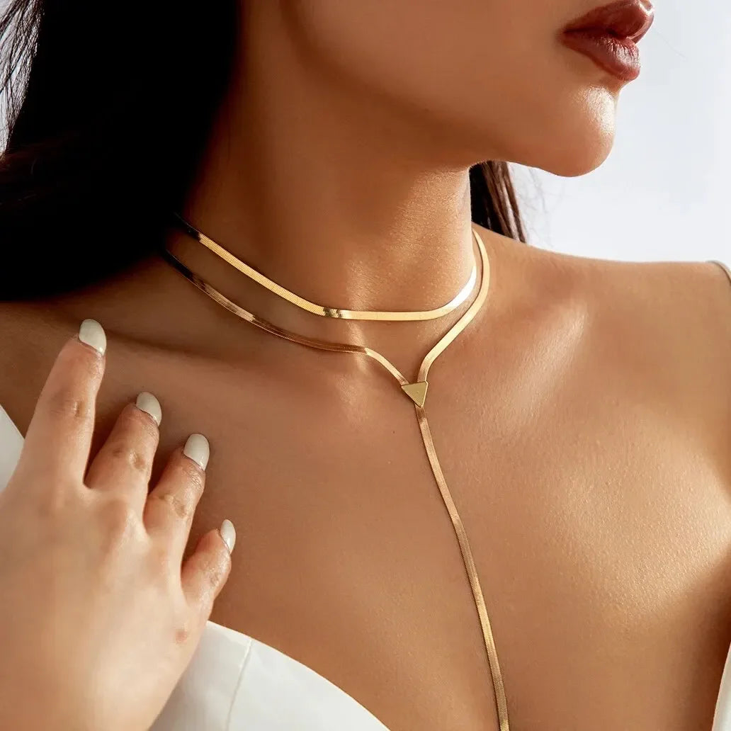Vintage Multilayer Triangle Pendant Long Snake Chain Necklace for Women Classic Goth Chest Clavicle Choker Neck Jewelry Gift