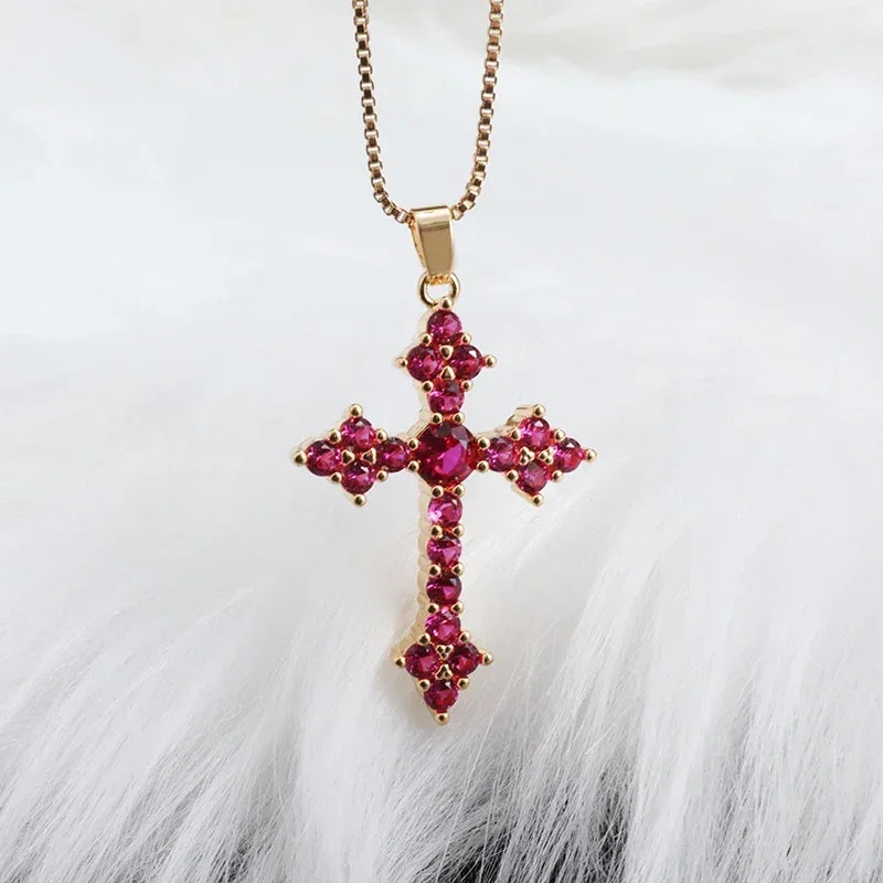 Shiny Ice Crystal Zircon Christian Cross Pendant Men and Women Hip Hop Trend Jewelry Catholic Amulet Necklace