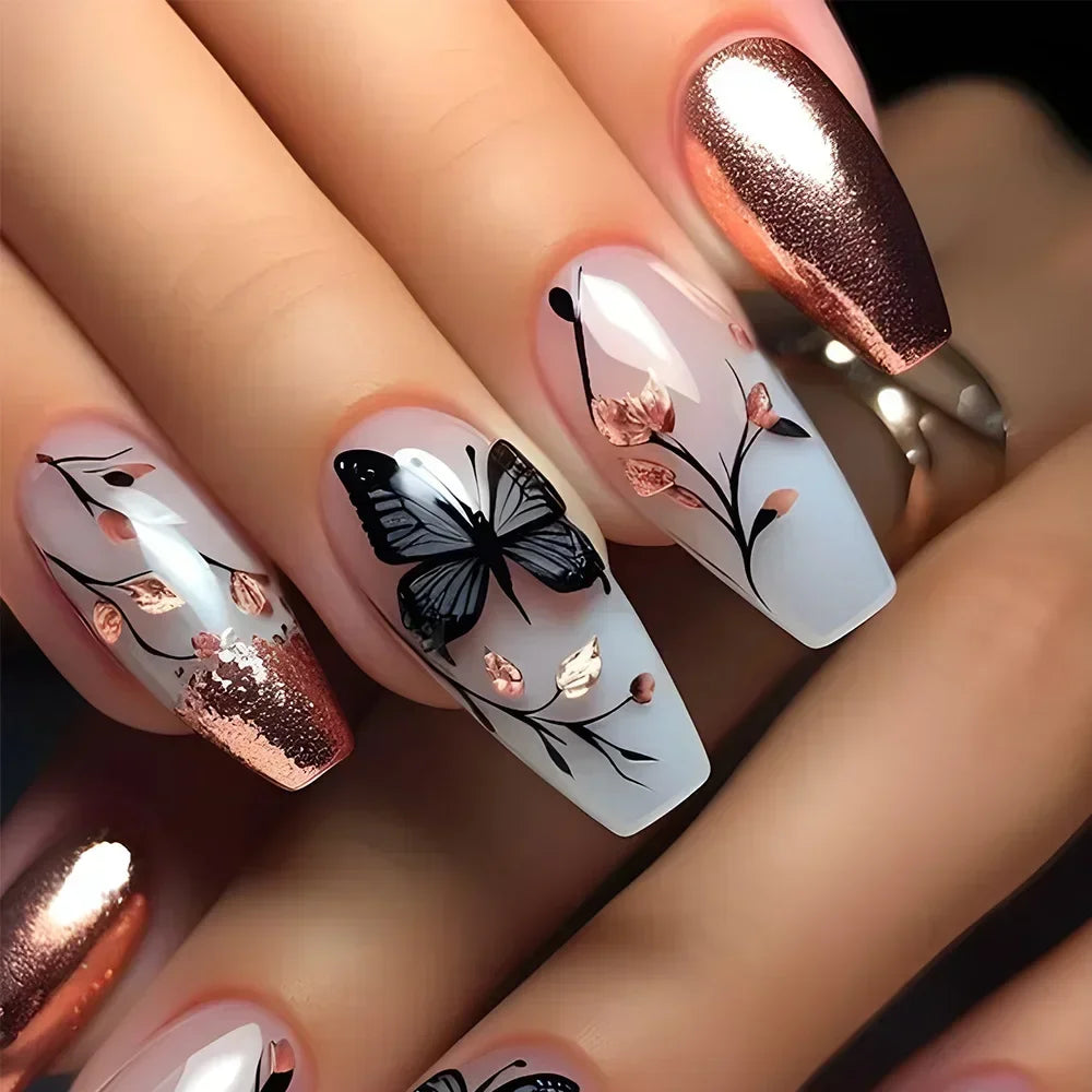 24Pcs Sweet Cool Coffin Fake Nails Butterfly Flower Acrylic Nail Glitter Glossy False Nail Full Cover Autumn Press on Nails Tips