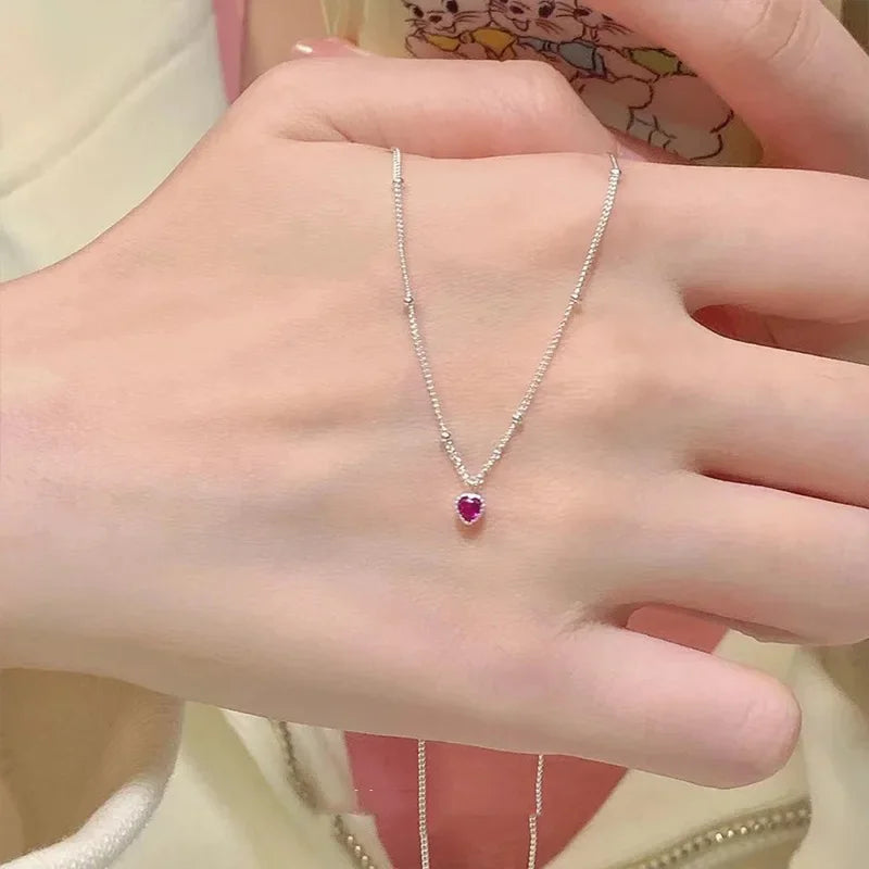 925 Sterling Silver Necklace Pendant For Women Jewelry Love Necklace Small Mini Red Heart Pendant Simple Heart Shaped Collar