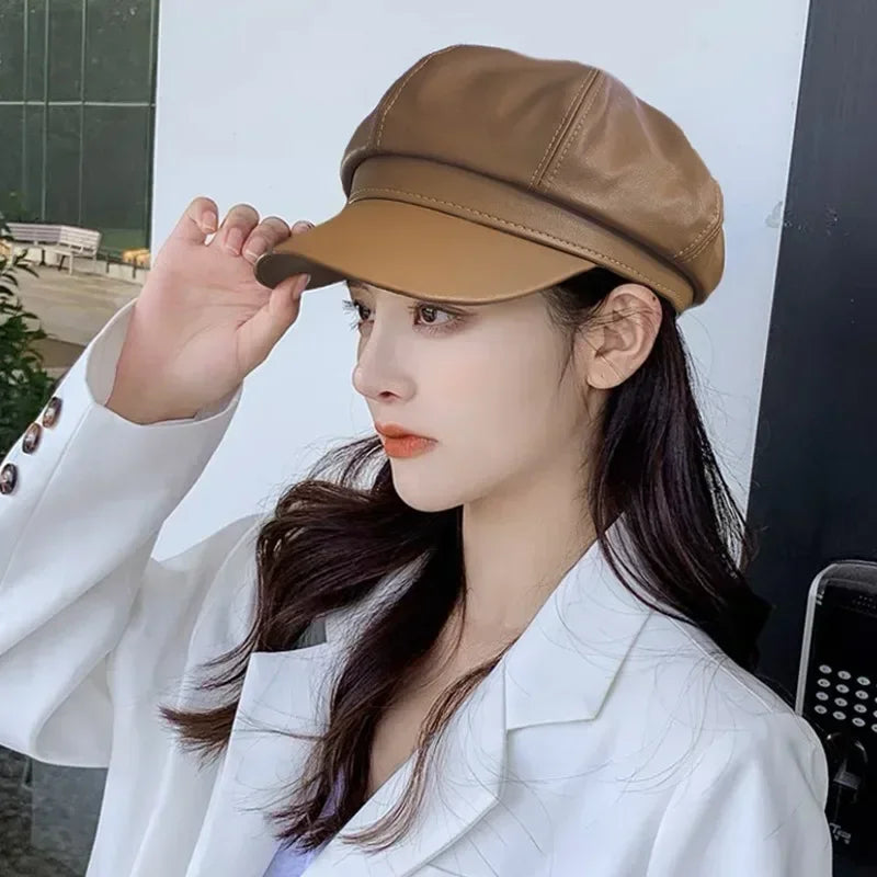 8 Panels Newsboy Caps for Women PU Leather Cabbie Painter Hat Gatsby Ivy Beret Cap