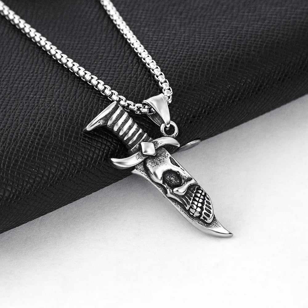 Men's Necklace Stainless Steel Dagger Skull Pendant Vintage hip-hop Jewelry Silver Color Male Neck Chain Punk Jewelry Wholesale